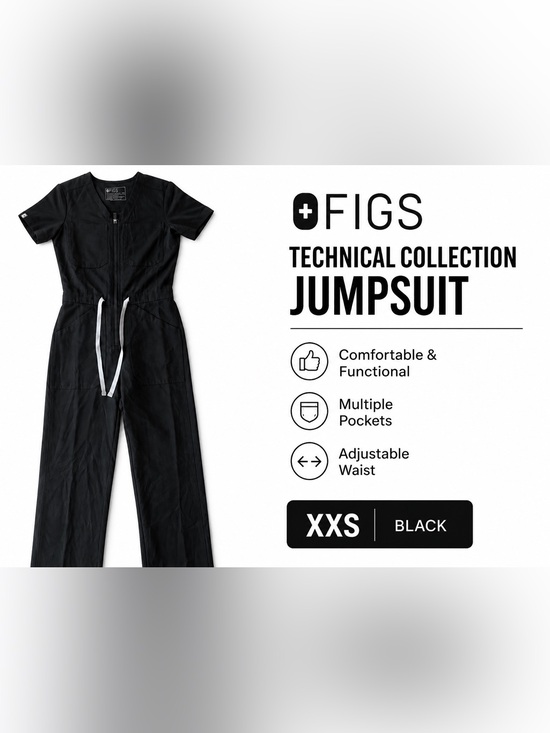 Figs Pants - Figs Black Zip-Front Technical Jumpsuit with White Drawstring